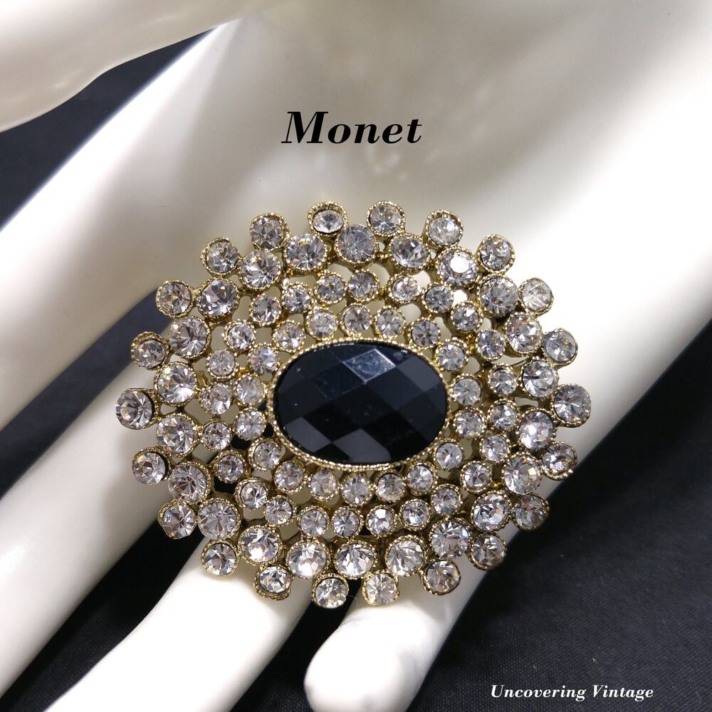 Monet Clear Black Rhinestone Oval Brooch, Gold Plated, 1980s Vintage Jewelry